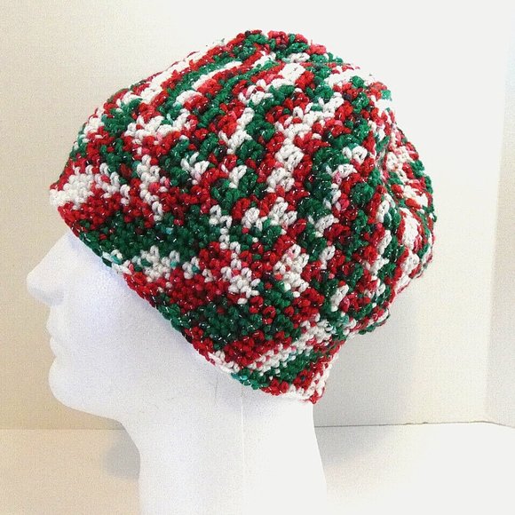 Red Green Baggy Beanie OS Slouch Cap Hat Handmade Crochet Hand Knit Sparkly NWT - Picture 2 of 8